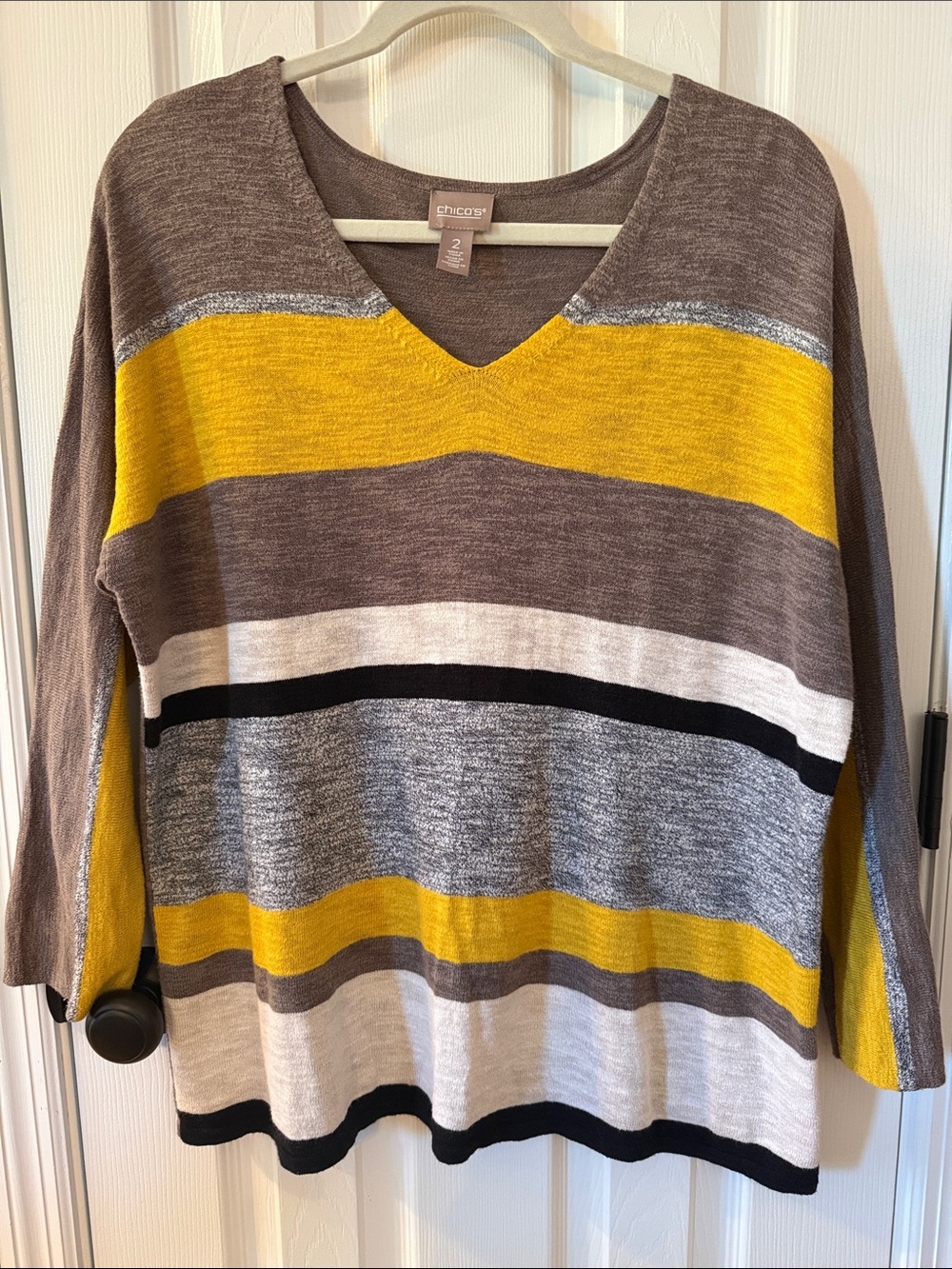 Chico's Striped V-Neck Pullover in Yellow, Gray & Brown